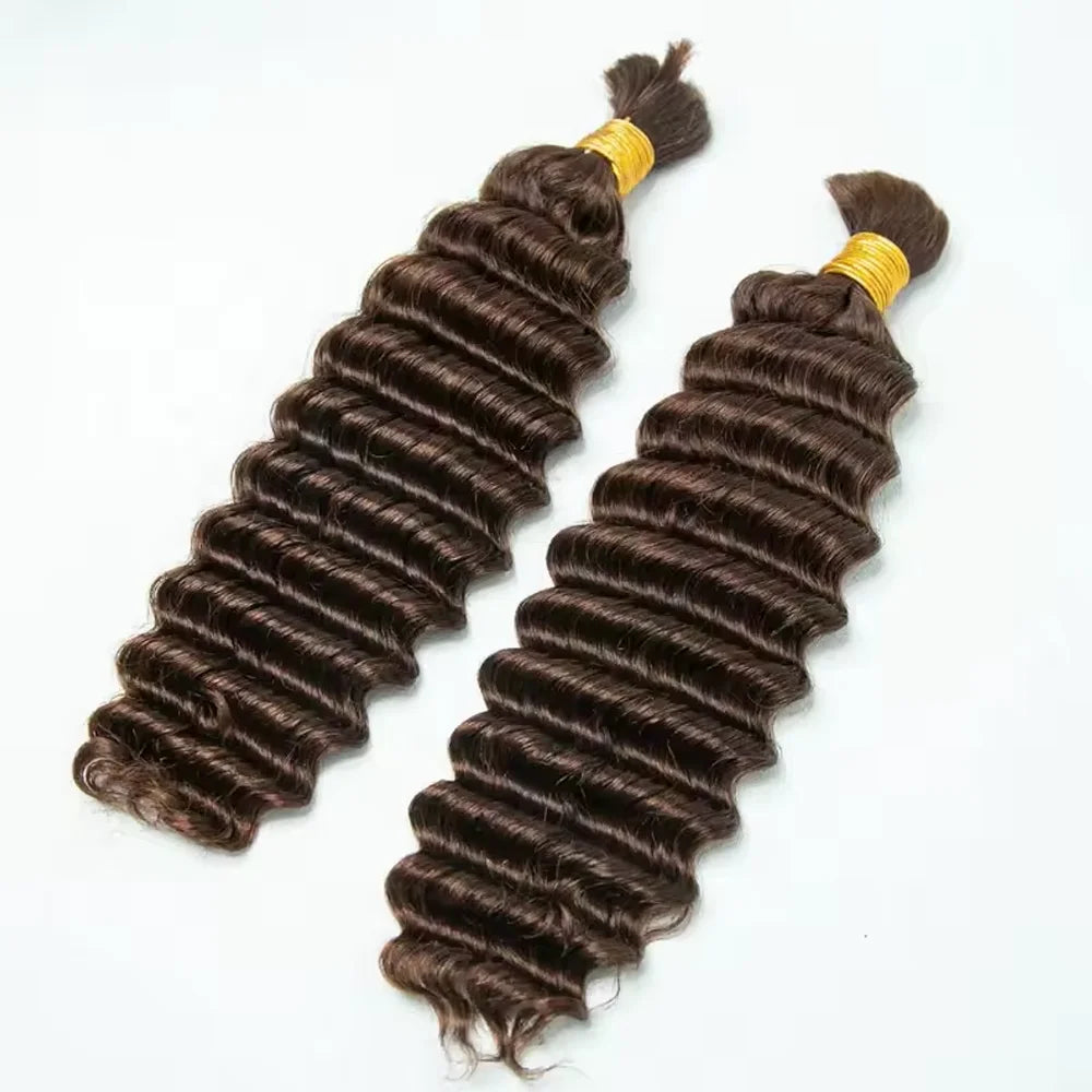 #4 Medium Brown Deep Wave Bulk Human Hair Extensions For Braiding Remy Hair Deep Curly Bulks Boho Braids For Women