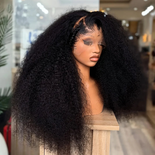 Glueless Soft 26”Long Natural Black 180Density Kinky Curly Lace Front Wig For Women With Baby Hair Synthetic Preplucked Daily