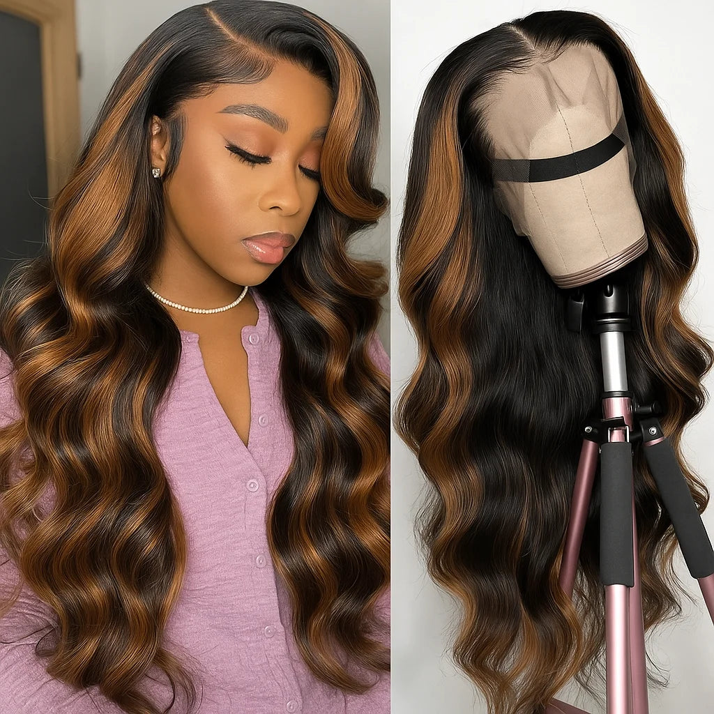 30 Inch Body Wave Ombre Lace Front Wig Human Hair PB/30 Colored Highlight 13x4 HD Lace Frontal Wig BalayageHuman Hair for Women