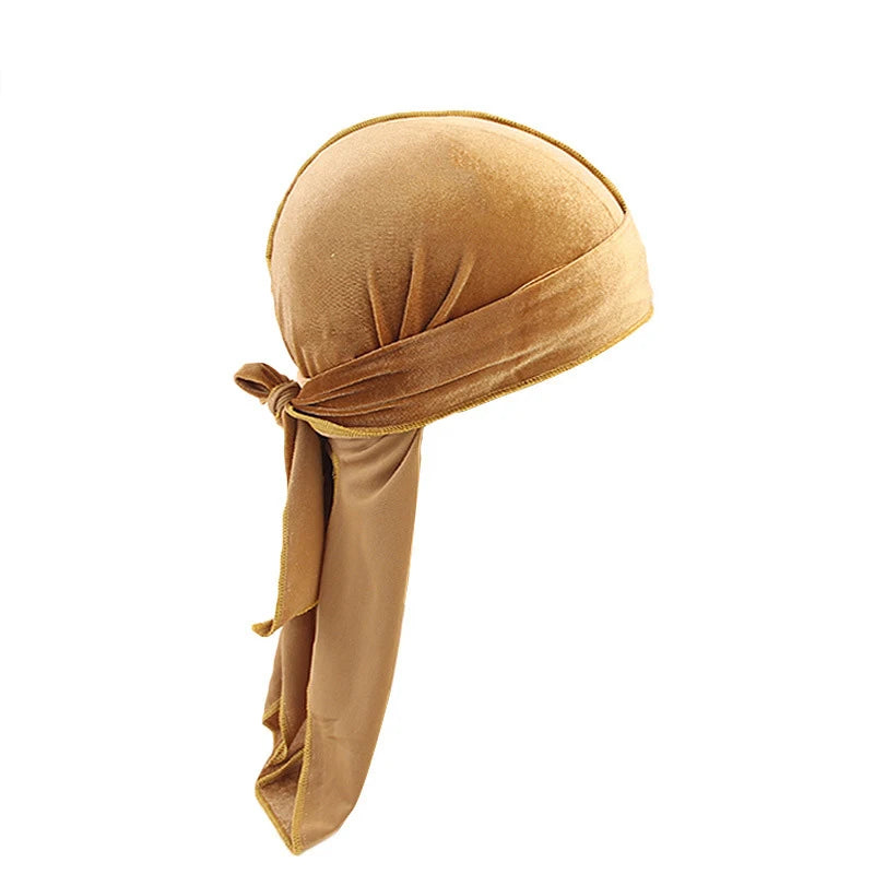 New Unisex Solid Color Soft Velvet Longtail Pirate Hat Breathable Bandana Durag Long Ribbon Cape Baotou Headband Du-Rag
