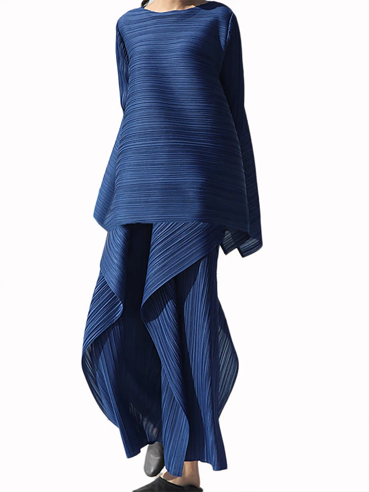 Miyake Pleated Women Two Piece Sets 2023 Summer Long Sleeve T-shirt Tops Ladies Loose Pants Original Designer Causal Clothes