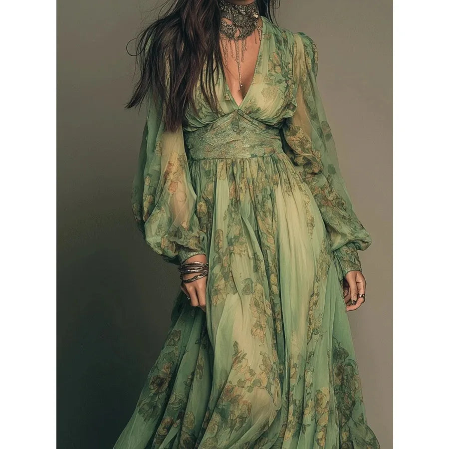 2026 European and American -  Independence  hot sales pastoral style bohemian print v-neck long-sleeved dress