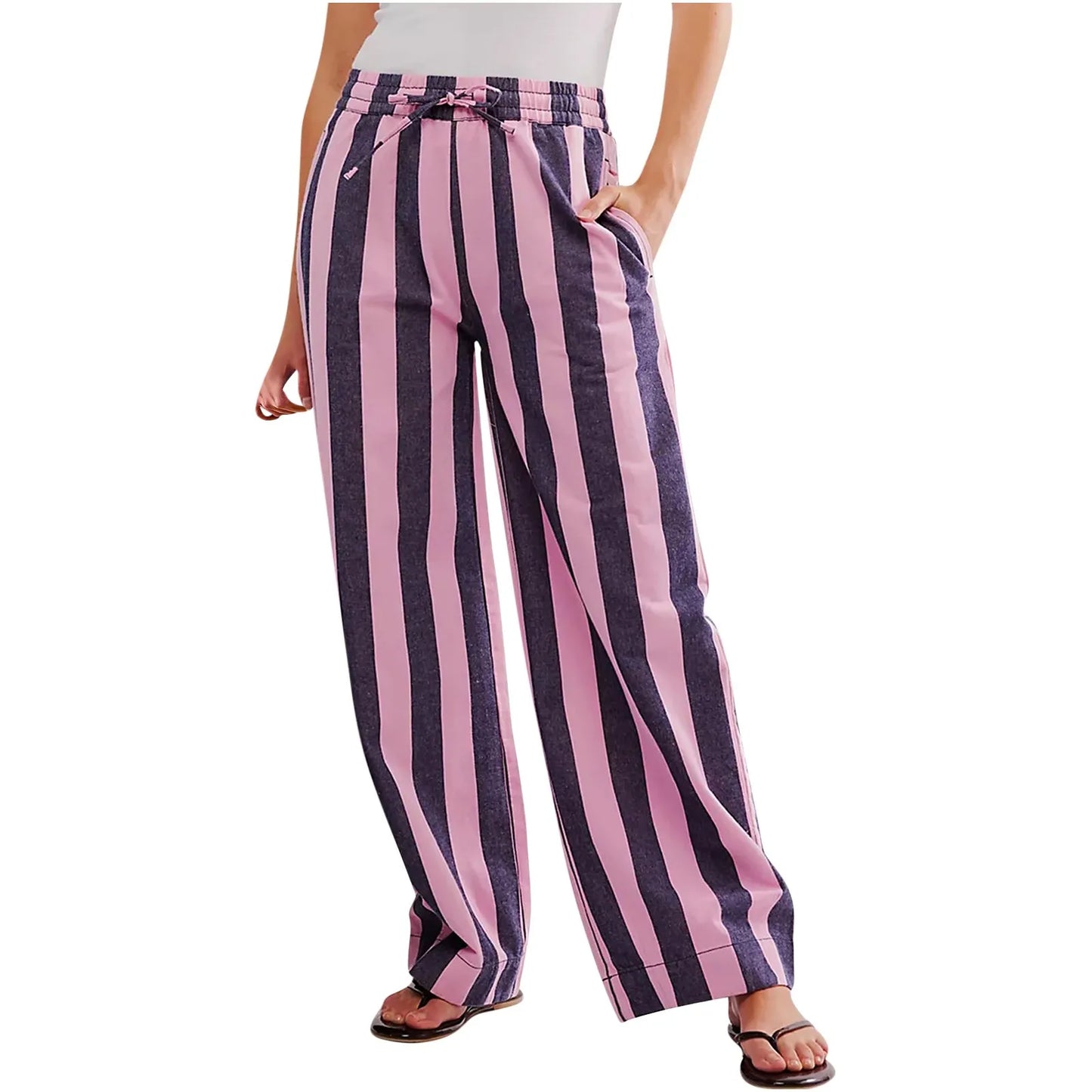 Women Casual Baggy Trousers Striped Color Blocking High Waist Wide Leg Pants Pockets Summer Lightweight Palazzo Pajama Bottom