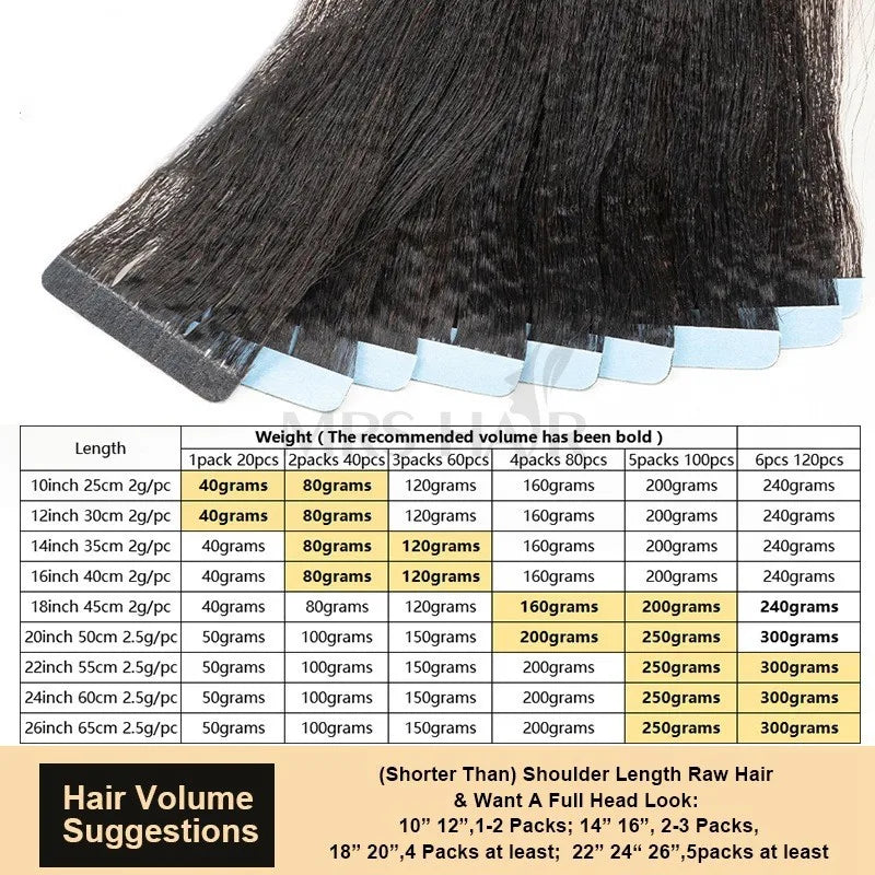 MRS HAIR Light Yaki Tape In Hair Extensions Human Hair Cuticle Remy Tape in Extensions SilkPressed Yaki Tape ins 12-26inch 20pcs
