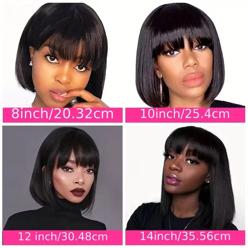Straight Human Hair Bob Wigs With Bang Full Machine Made Wigs 3x1 Middle Part Lace Wig Brazilian Natural Color 16 Inch For Women
