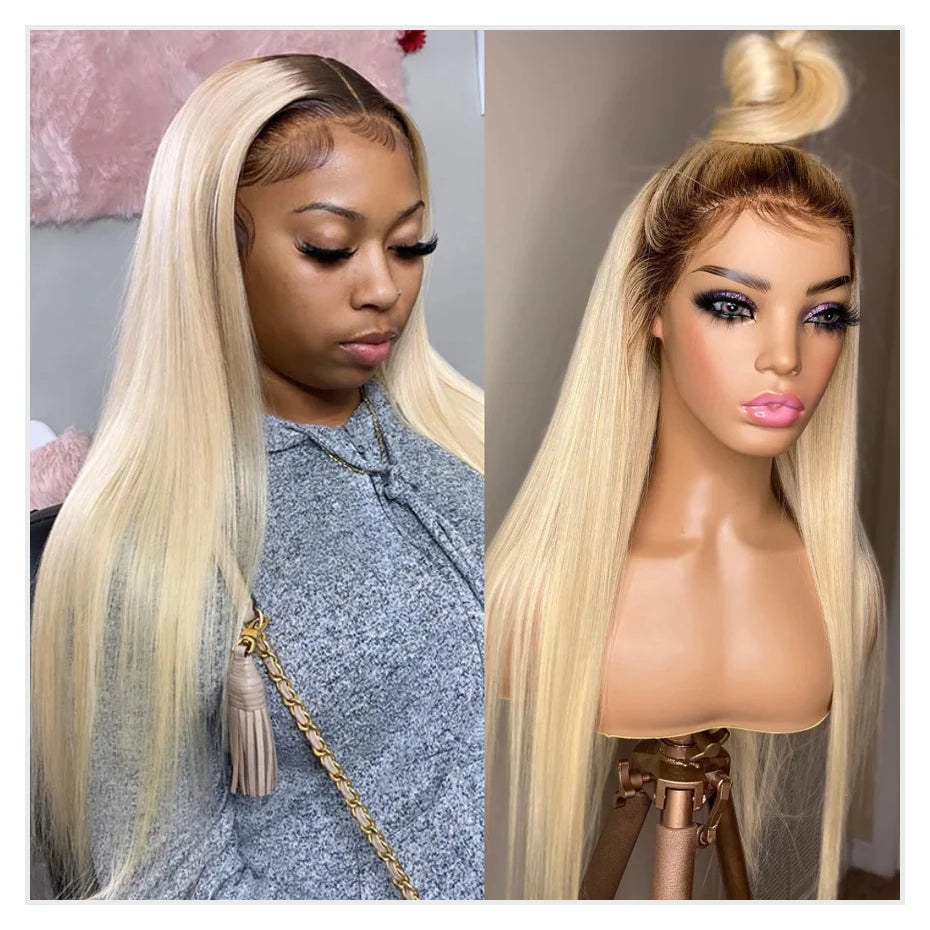 13x6 Lace Frontal Wig Brazilian Straight Human Hair Wig 2 Tone Dark Root 1B 613 Ombre Blonde Lace Front Wigs For Black Women 40"