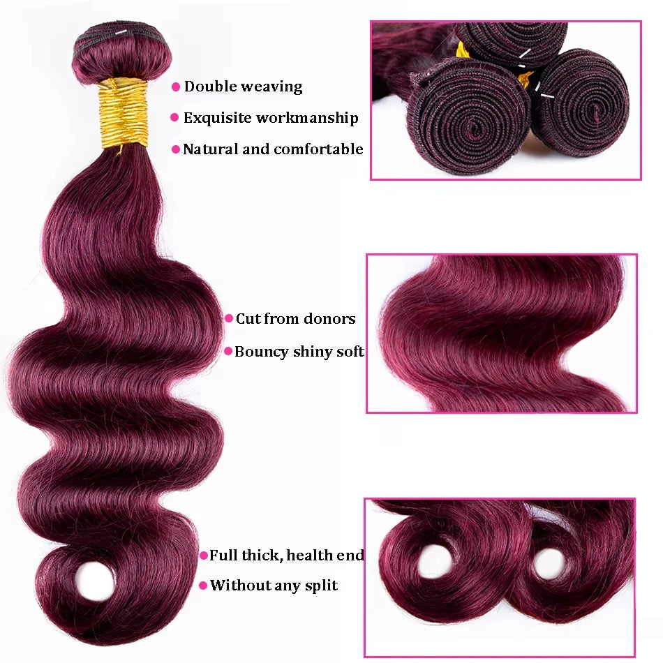 14A 99J Burgundy Body Wave Human Hair Bundles 36 38 Inch Wine Red Brazilian Unprocessed Raw Hair Bundles Extension Deals
