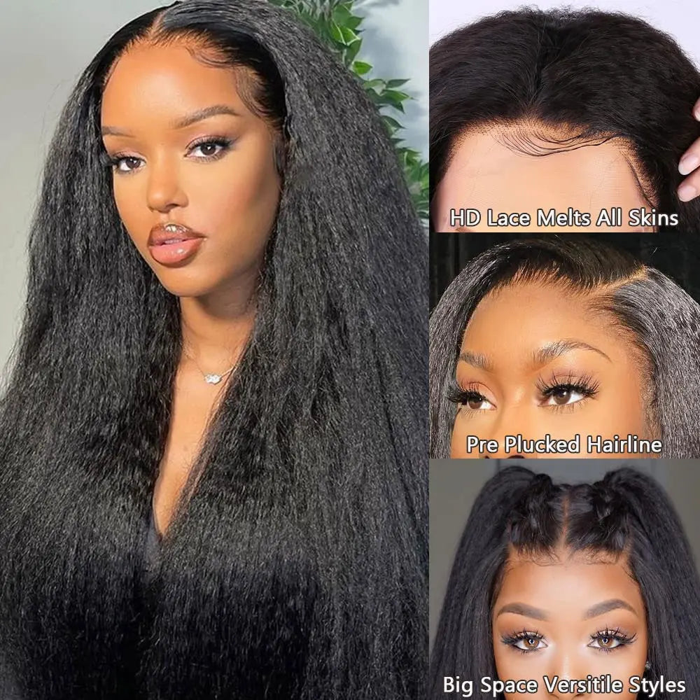 40 42 Inch Kinky Straight Lace Front Wig Pre Plucked Yaki Straigh HD 13X4 Lace Frontal Wig 4C Edges Curly Human Hair Wigs