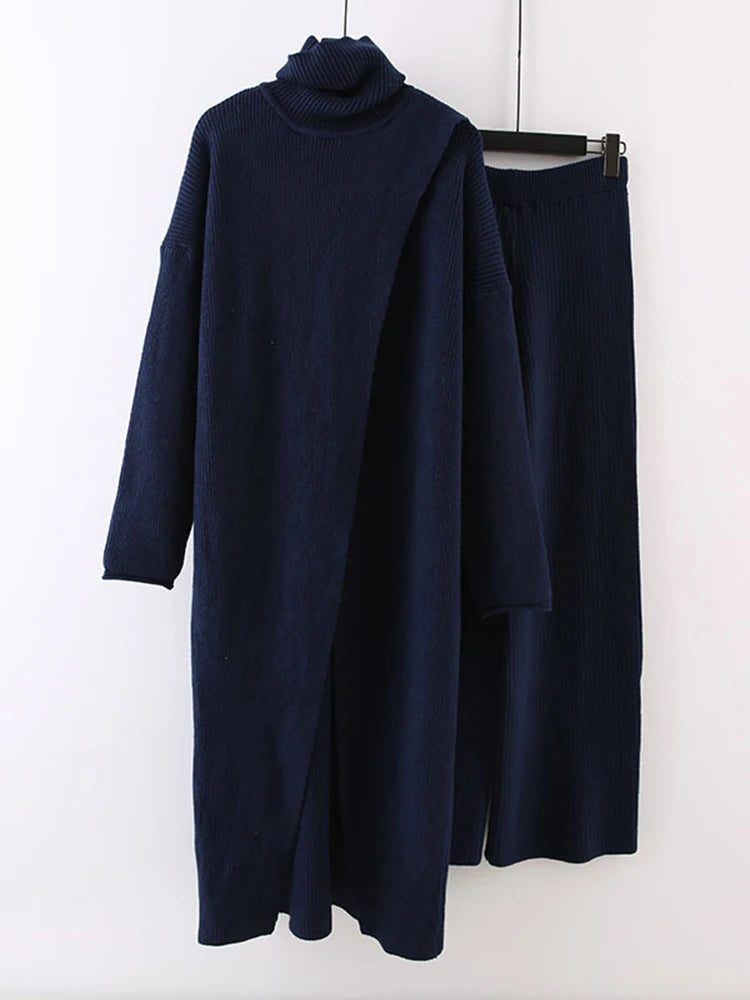 LANMREM Split Long High Neck Sweaters With Wide Leg Pants 2 Pieces Knitted Thickened Sets Female Loose Clothing Autumn 2DA1621