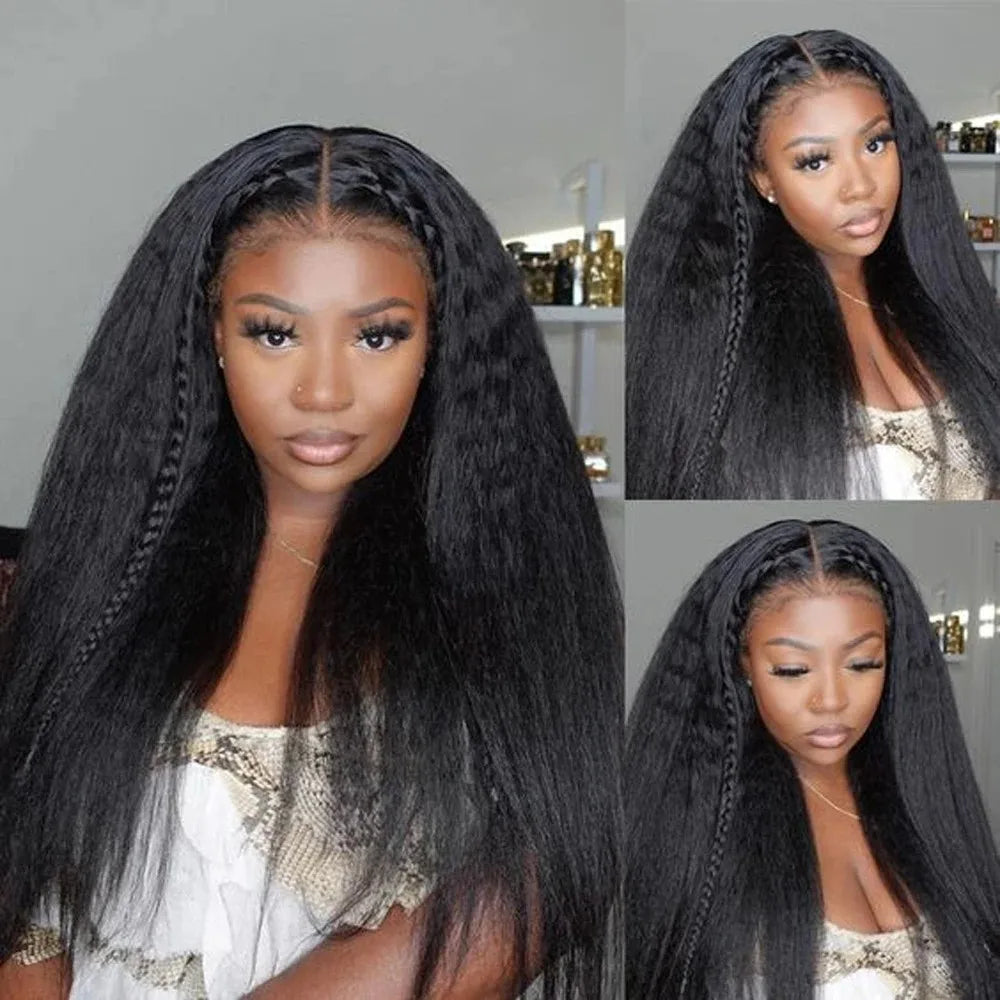 40 42 Inch Kinky Straight Lace Front Wig Pre Plucked Yaki Straigh HD 13X4 Lace Frontal Wig 4C Edges Curly Human Hair Wigs