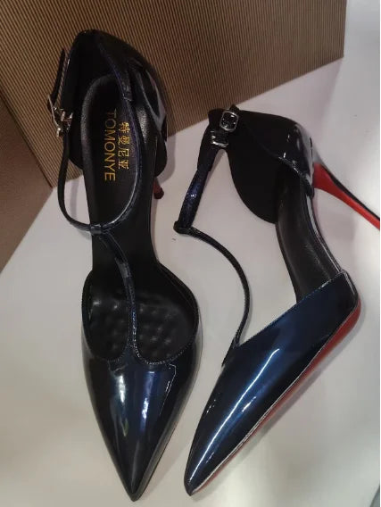 New Fashionable Lacquer Leather T-shaped Pointed Fine Straw Shoes French High Heels One Button Baotou Sandals
