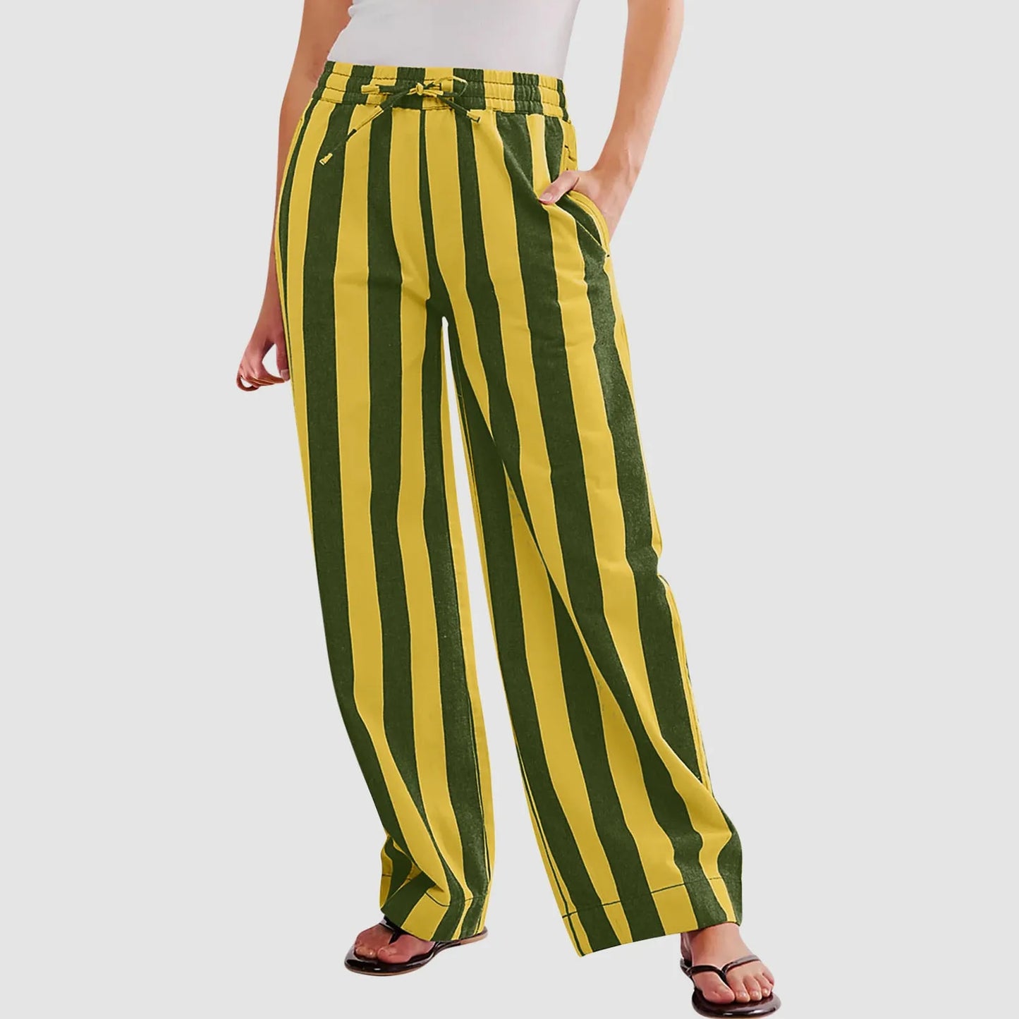 Women Casual Baggy Trousers Striped Color Blocking High Waist Wide Leg Pants Pockets Summer Lightweight Palazzo Pajama Bottom