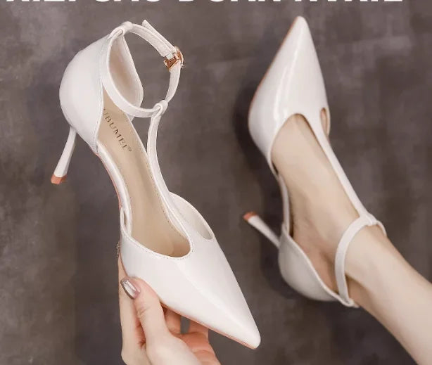 New Fashionable Lacquer Leather T-shaped Pointed Fine Straw Shoes French High Heels One Button Baotou Sandals
