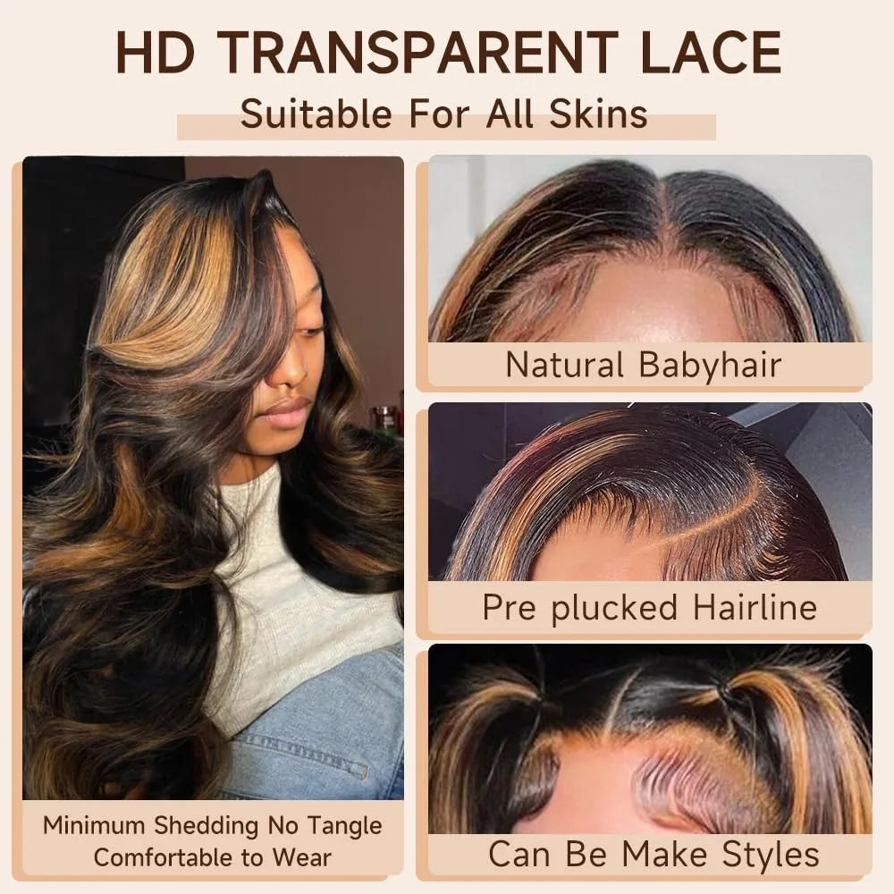 30 Inch Body Wave Ombre Lace Front Wig Human Hair PB/30 Colored Highlight 13x4 HD Lace Frontal Wig BalayageHuman Hair for Women