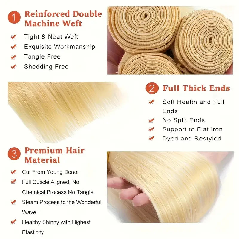 Straight 613 Blonde Color 1/3/4 Brazilian Hair Bundles Straight Weave Remy Human Hair Weft 26 28 30 32 34 36 38 40 Inch Bundle