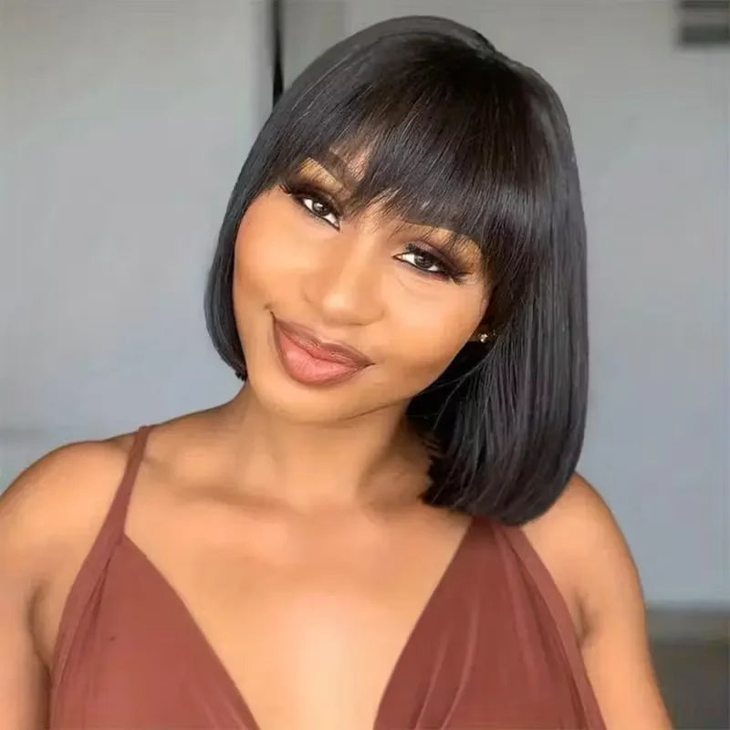 Straight Human Hair Bob Wigs With Bang Full Machine Made Wigs 3x1 Middle Part Lace Wig Brazilian Natural Color 16 Inch For Women