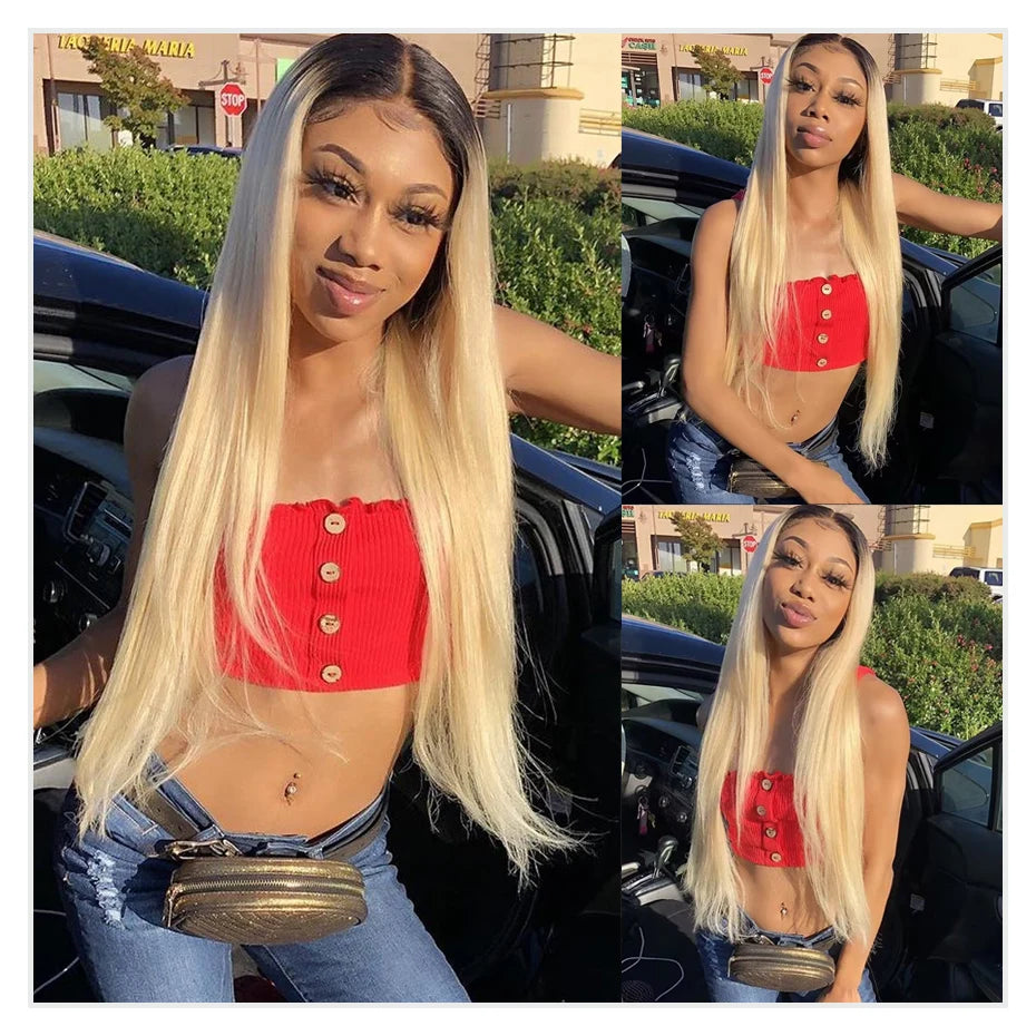 13x6 Lace Frontal Wig Brazilian Straight Human Hair Wig 2 Tone Dark Root 1B 613 Ombre Blonde Lace Front Wigs For Black Women 40"