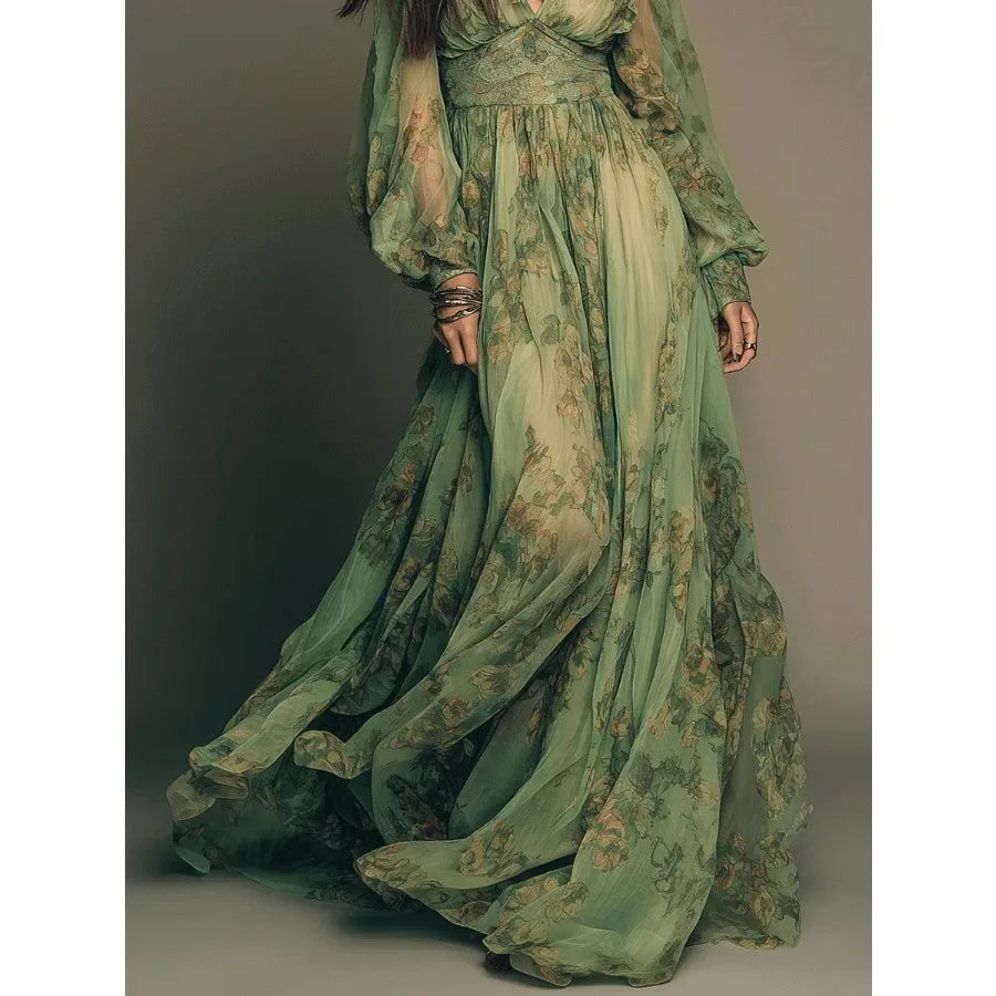 2026 European and American -  Independence  hot sales pastoral style bohemian print v-neck long-sleeved dress