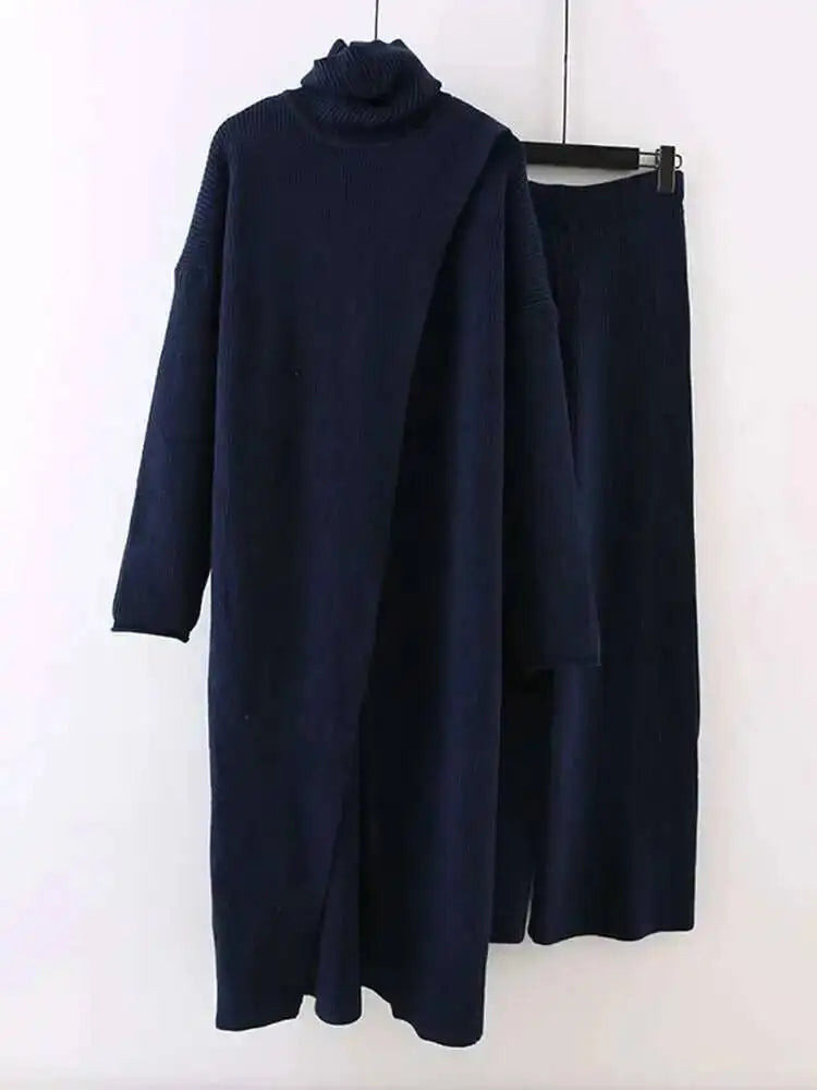 LANMREM Split Long High Neck Sweaters With Wide Leg Pants 2 Pieces Knitted Thickened Sets Female Loose Clothing Autumn 2DA1621