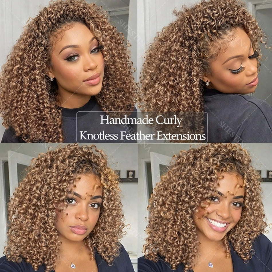 Honey Blonde Feather Crochet Human Hair Extensions Knotless Pre-Separated Pixie Curl Small Spirals Curly Crochet Hair for Boho