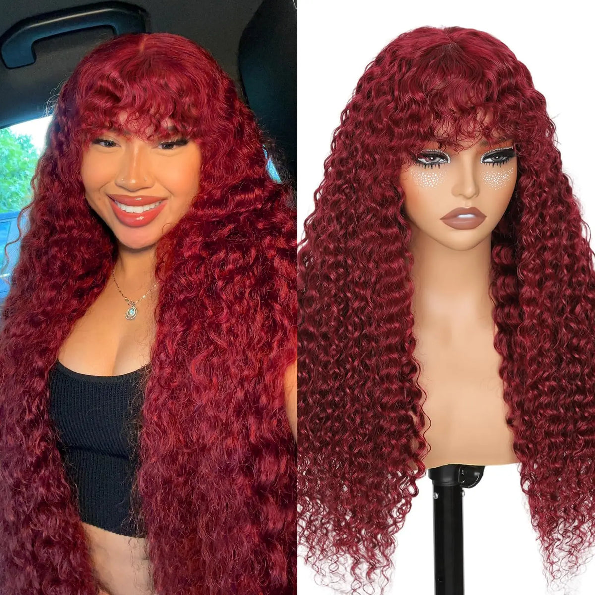 99J Burgundy Curly Wig with Bangs Human Hair  Water Wave Mechanism Color Wigs Red wig with Bangs Colored Brazilian Human Hair