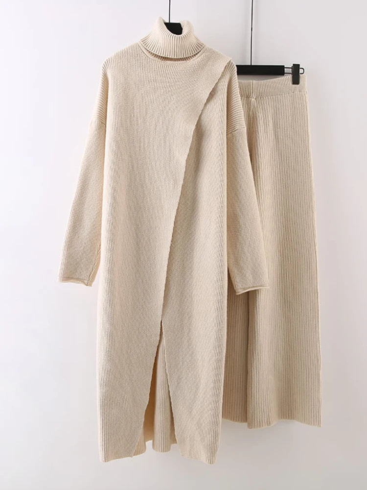 LANMREM Split Long High Neck Sweaters With Wide Leg Pants 2 Pieces Knitted Thickened Sets Female Loose Clothing Autumn 2DA1621