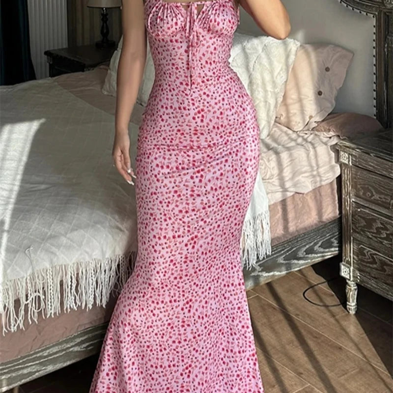 Women Spaghetti Strap Dresses Drawstring Design Floral Print Slim Fit Long Bodycon Dresses Perfect for Summer Spring Hot Sale