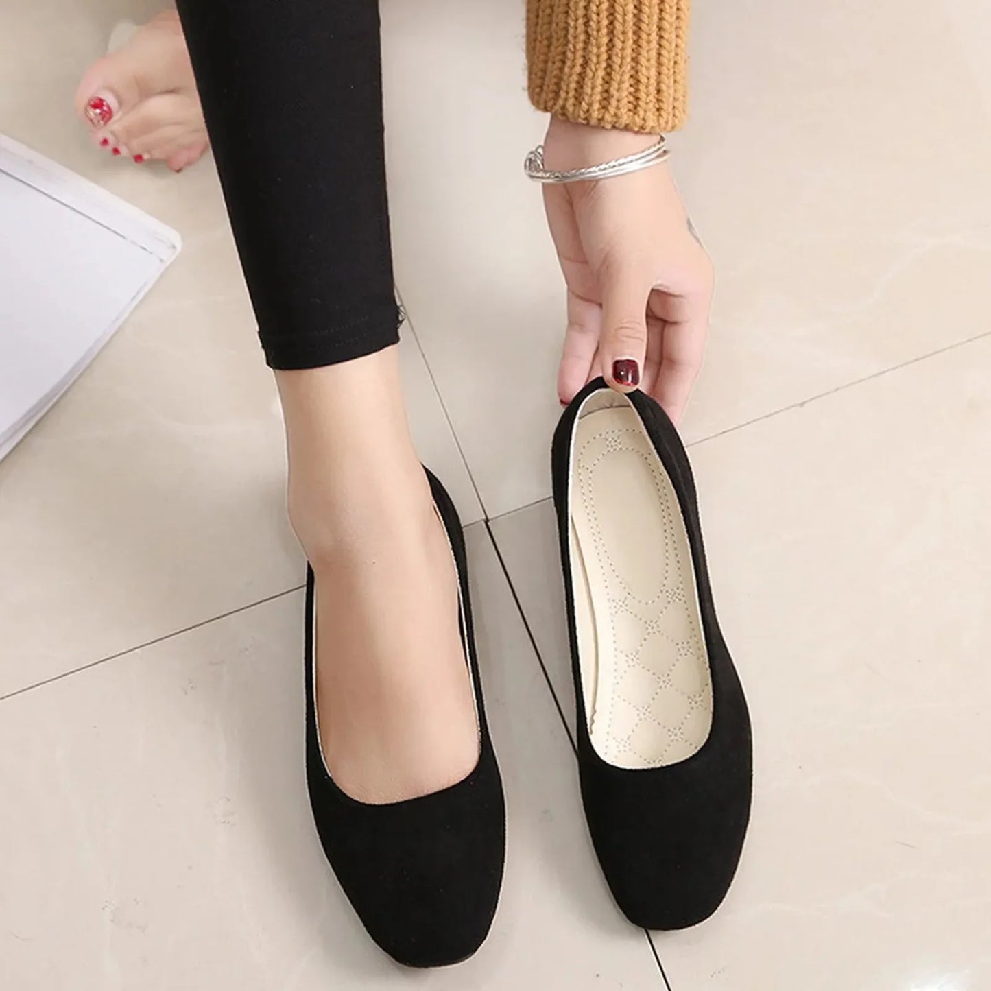 2025 Women Suede Square Flat Heel Shallow Female Shoes Spring Summer Square Toe Basic Concise Women Pumps Size 34-39