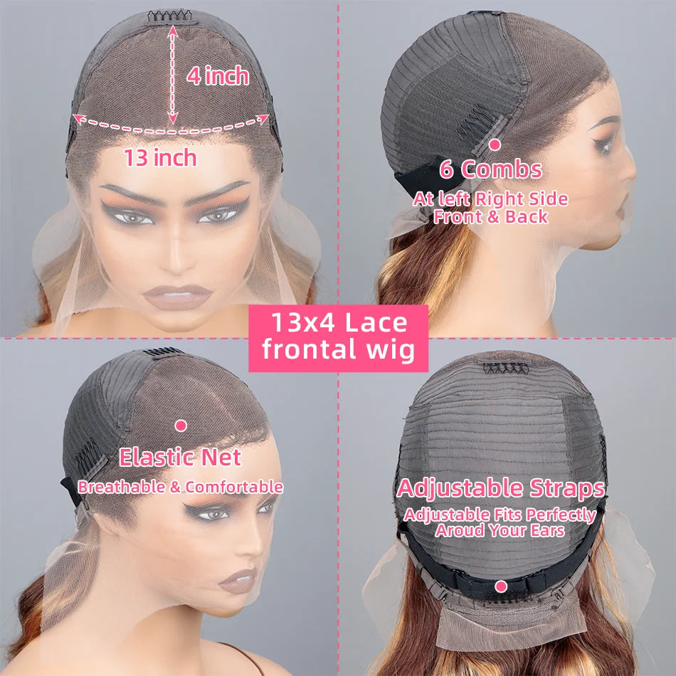 30 Inch Body Wave Ombre Lace Front Wig Human Hair PB/30 Colored Highlight 13x4 HD Lace Frontal Wig BalayageHuman Hair for Women