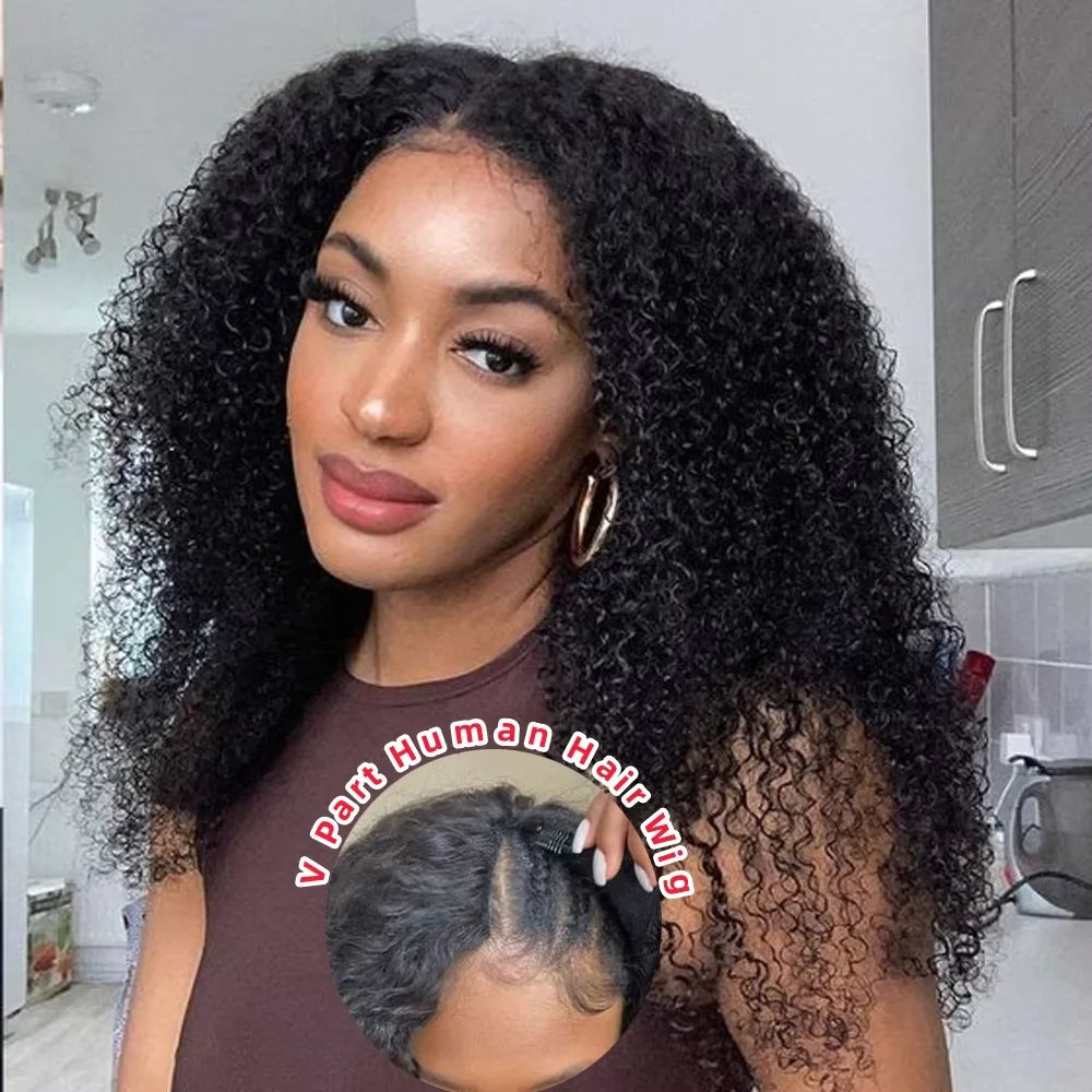 250 Density Kinky Curly V Part 100% Human Hair Wigs For Women No Leave Out Easy Blend Thin Part Lace V Part Wig 30 Inch On Sale