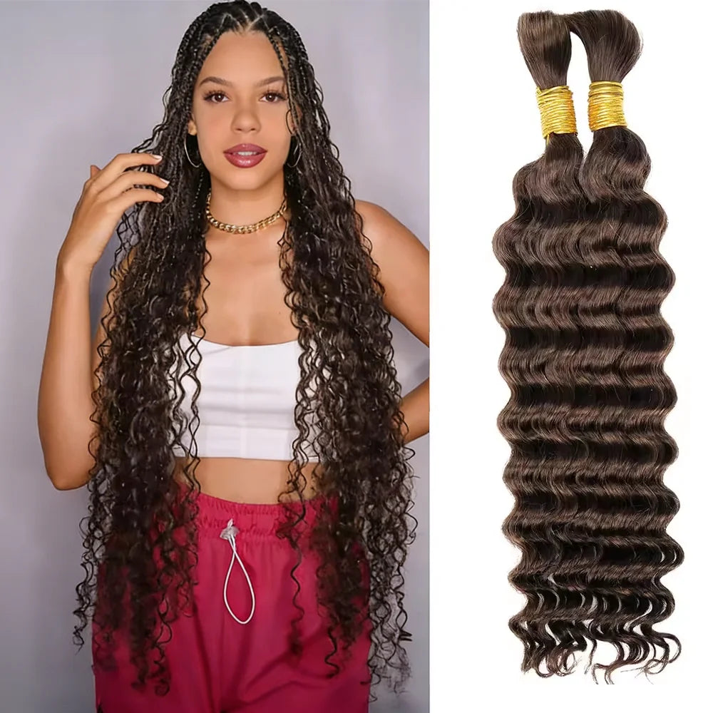 #4 Medium Brown Deep Wave Bulk Human Hair Extensions For Braiding Remy Hair Deep Curly Bulks Boho Braids For Women