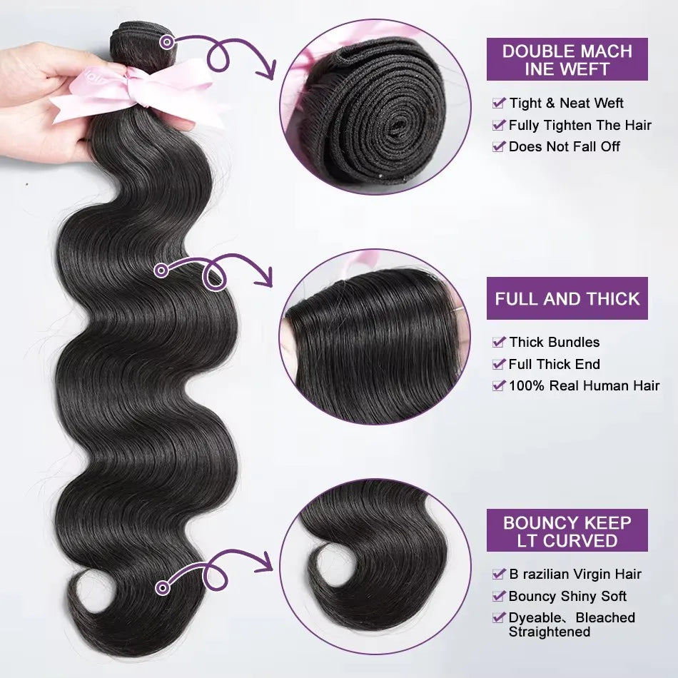 Linktowig Body Wave Bundles Human Hair 30 Inch Water Wave Human Hair Bundles Brazilian Raw Hair Bundles Human Hair Extensions