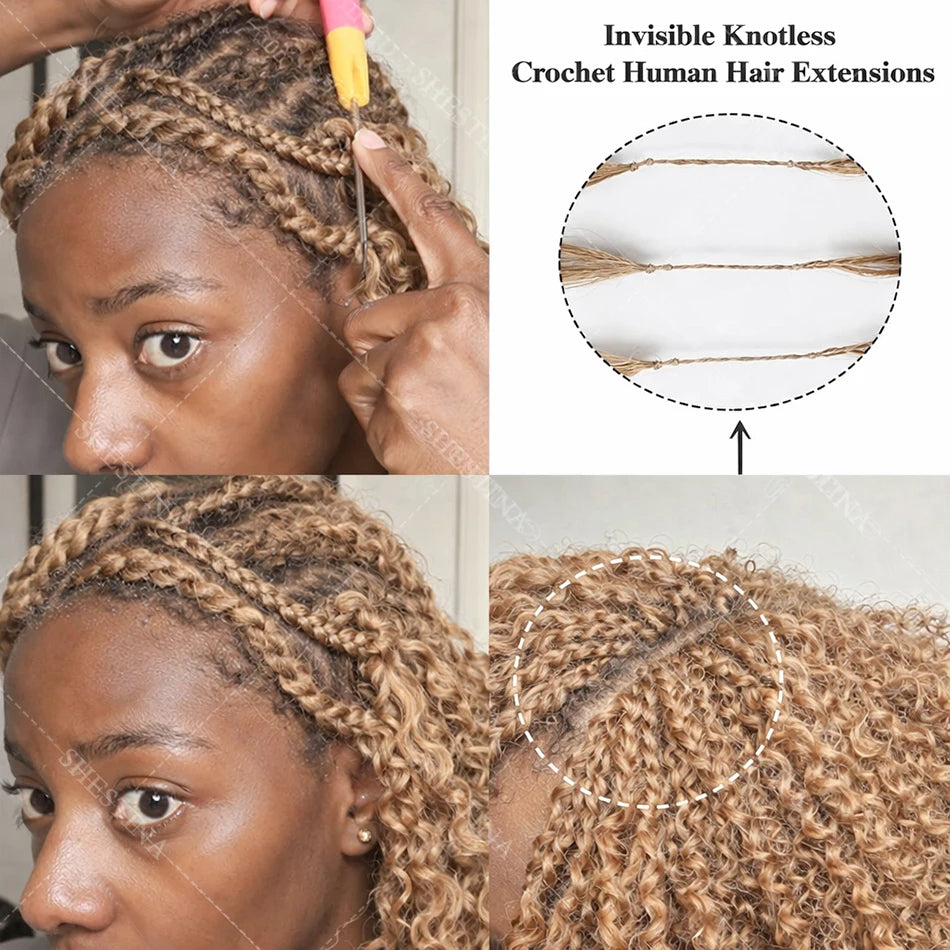 Honey Blonde Feather Crochet Human Hair Extensions Knotless Pre-Separated Pixie Curl Small Spirals Curly Crochet Hair for Boho