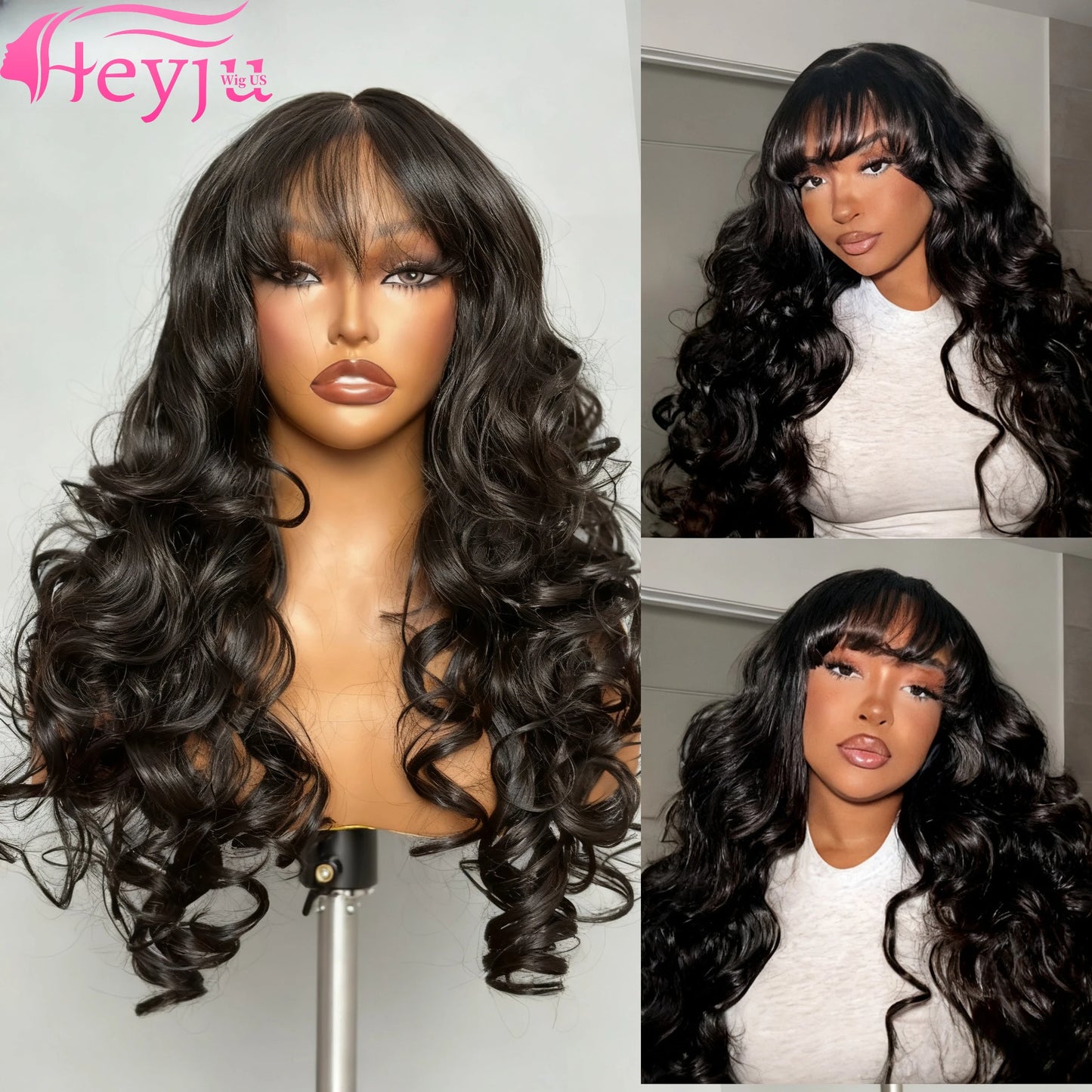 Middle Part Body Wave Human Hair Wig With Bangs for Black Women 3x1 Lace Wigs 230 Density Brazilian 30 36 Inch Wigs for Women