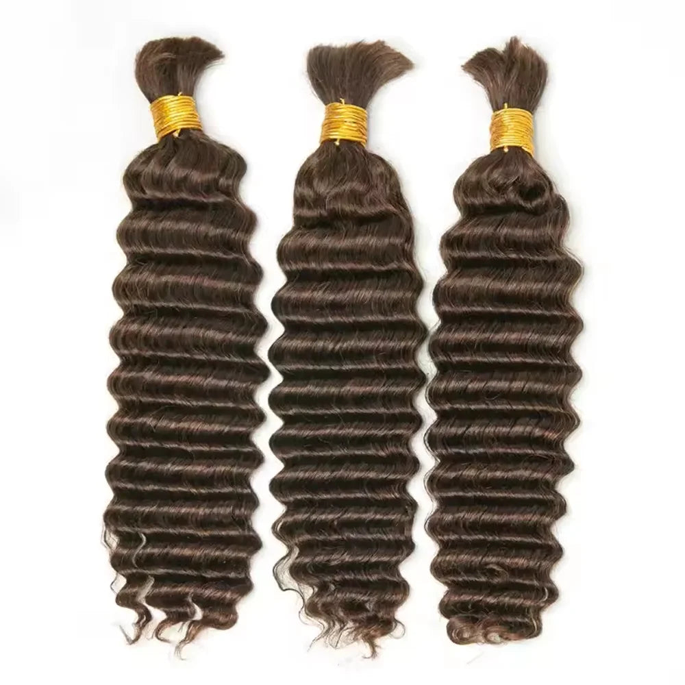 #4 Medium Brown Deep Wave Bulk Human Hair Extensions For Braiding Remy Hair Deep Curly Bulks Boho Braids For Women