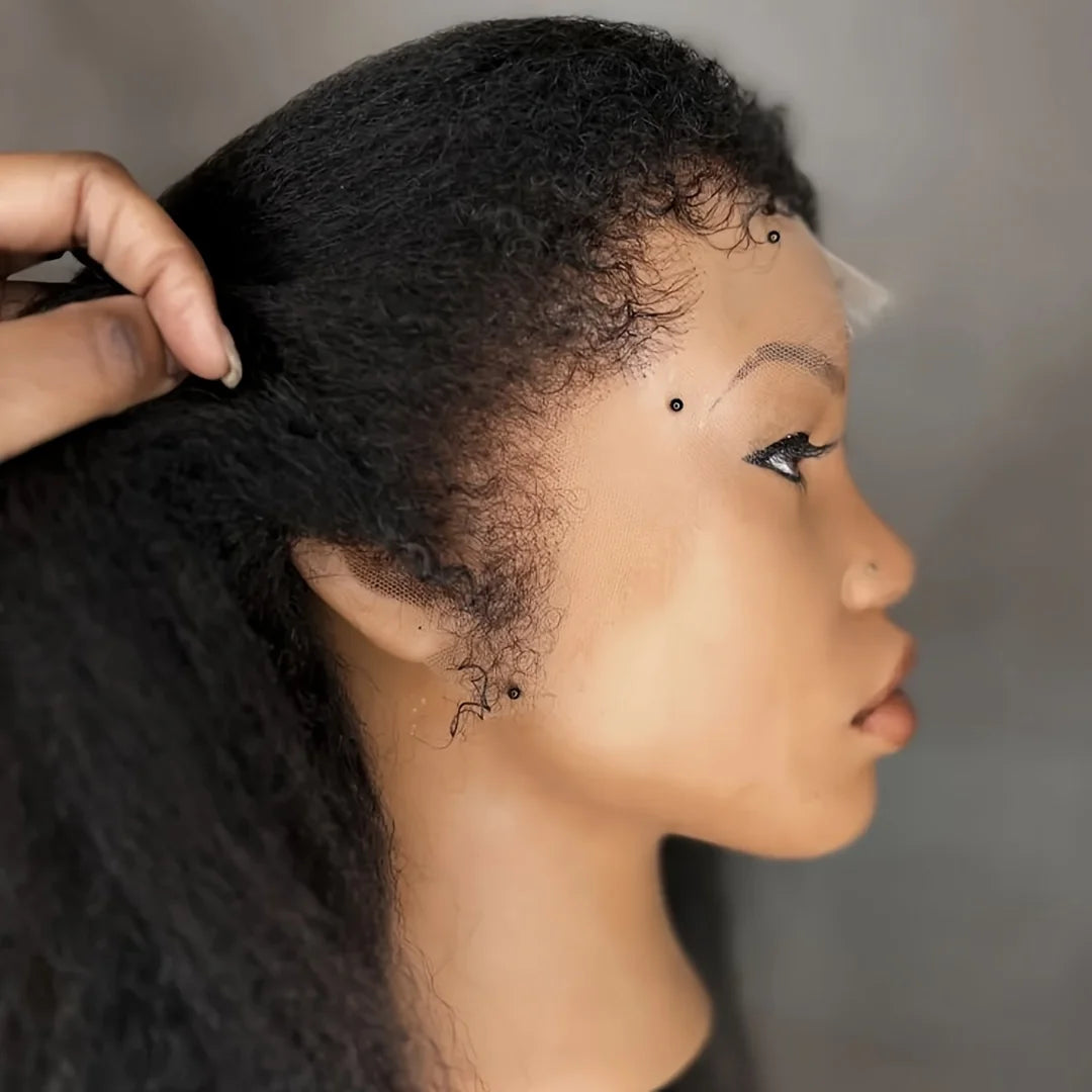 Yaki 26 inch Soft Black 180 Density Preplucked Kinky Straight Hair Wig For Women Natural Hairline Wig Synthetic Afro Baby Hair