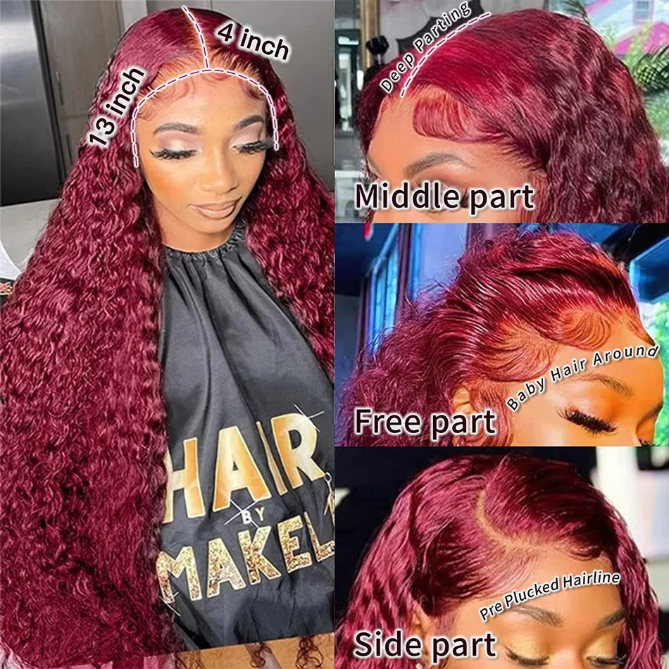 30 40 Inch 99J Burgundy Deep Wave 13x6 Hd Lace Frontal Human Hair Wig Red Colored 13x4 Transparent Lace Curly Frontal Wigs