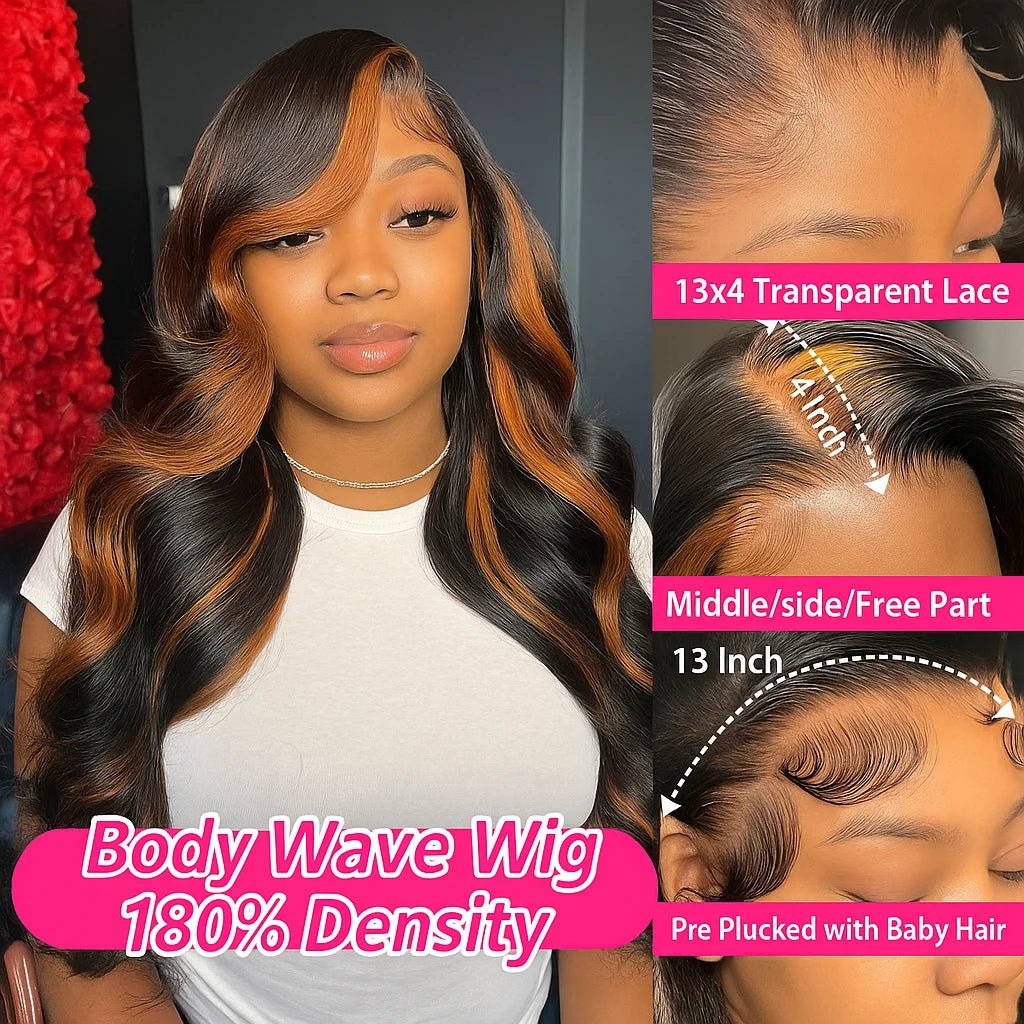 30 Inch Body Wave Ombre Lace Front Wig Human Hair PB/30 Colored Highlight 13x4 HD Lace Frontal Wig BalayageHuman Hair for Women