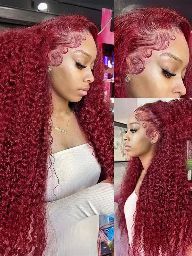 30 40 Inch 99J Burgundy Deep Wave 13x6 Hd Lace Frontal Human Hair Wig Red Colored 13x4 Transparent Lace Curly Frontal Wigs
