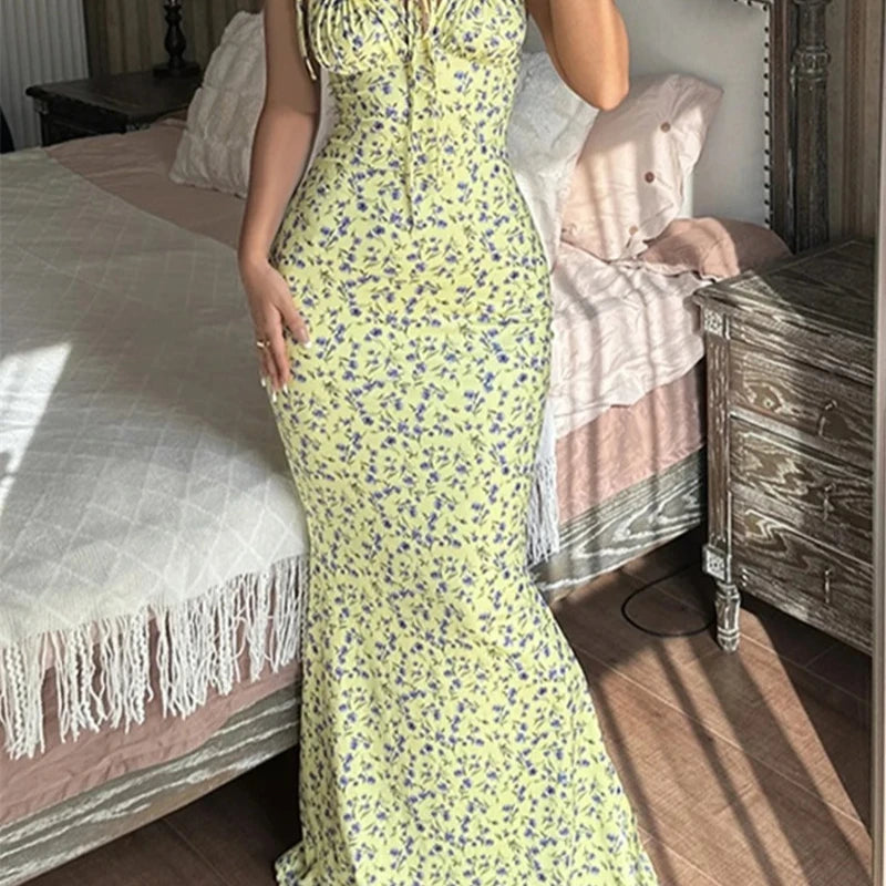 Women Spaghetti Strap Dresses Drawstring Design Floral Print Slim Fit Long Bodycon Dresses Perfect for Summer Spring Hot Sale