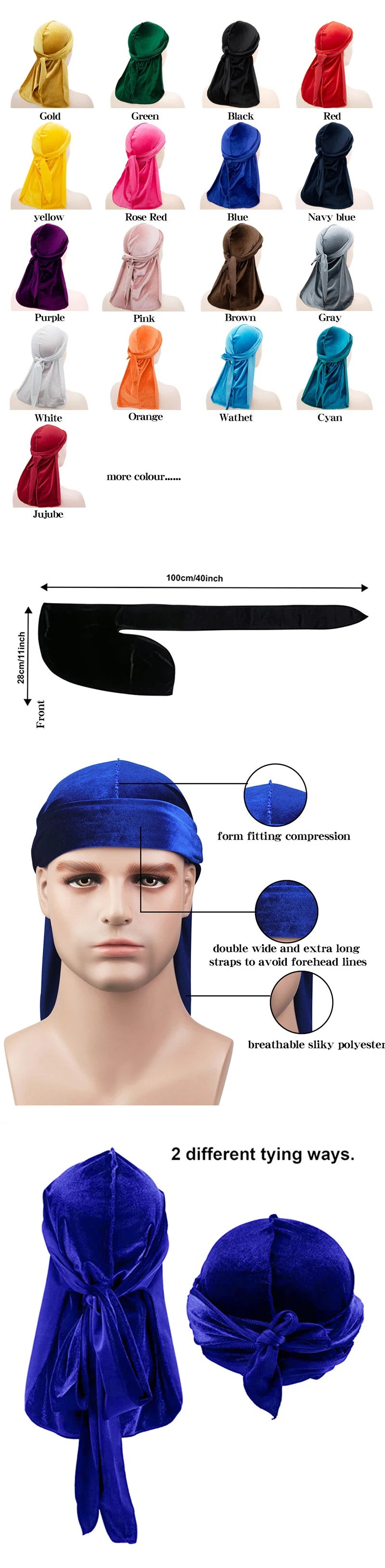 New Unisex Solid Color Soft Velvet Longtail Pirate Hat Breathable Bandana Durag Long Ribbon Cape Baotou Headband Du-Rag