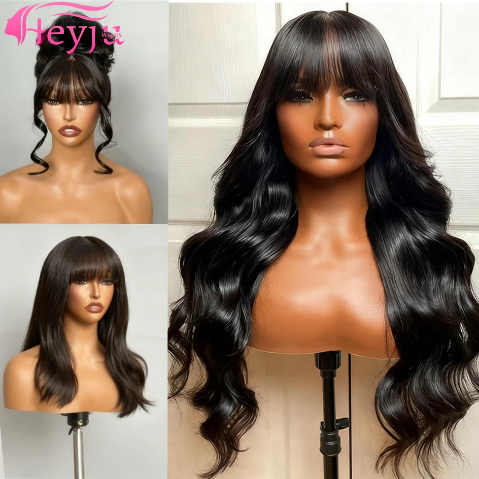 Middle Part Body Wave Human Hair Wig With Bangs for Black Women 3x1 Lace Wigs 230 Density Brazilian 30 36 Inch Wigs for Women