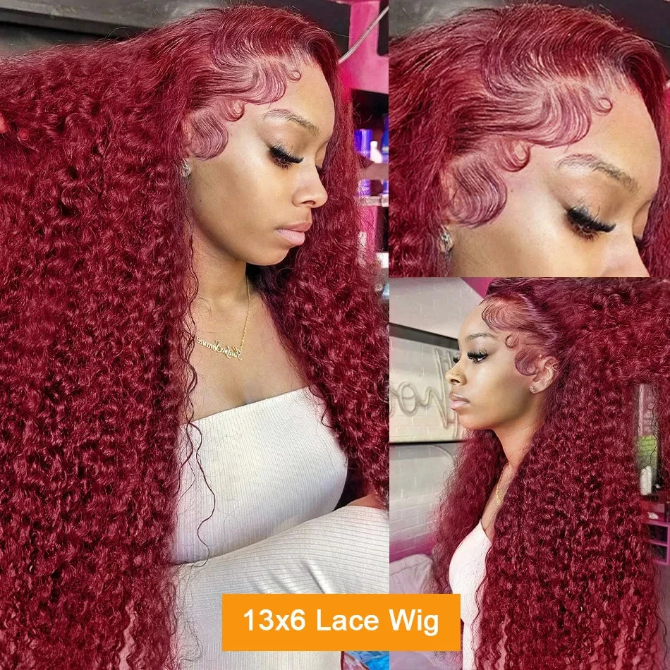 30 40 Inch 99J Burgundy Deep Wave 13x6 Hd Lace Frontal Human Hair Wig Red Colored 13x4 Transparent Lace Curly Frontal Wigs