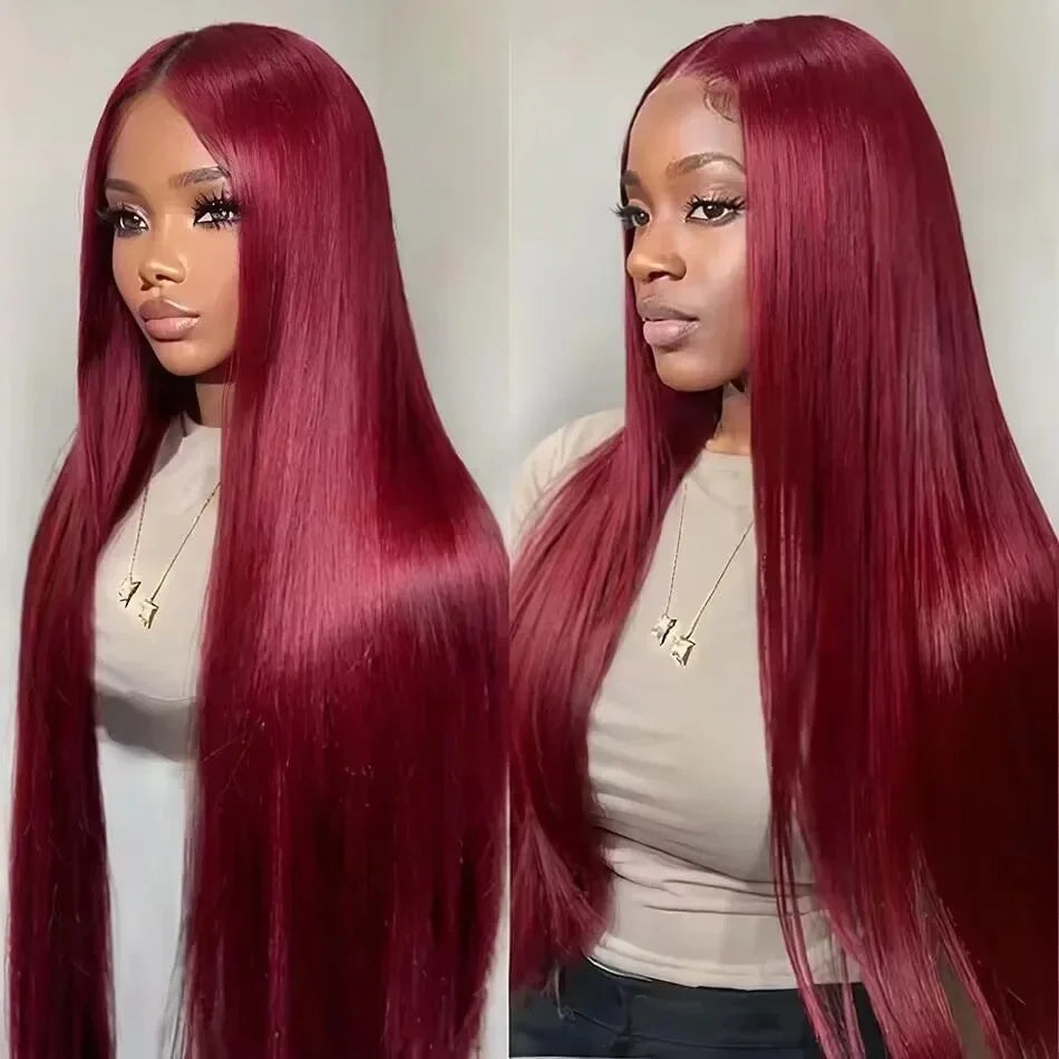 99J Burgundy  Straight Lace Front Human Hair Wigs 13x4 13x6 HD Transparent Full Lace Frontal Wig 200 Density Straight Hair Wigs