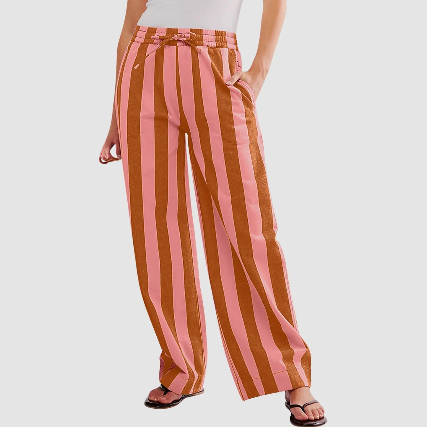 Women Casual Baggy Trousers Striped Color Blocking High Waist Wide Leg Pants Pockets Summer Lightweight Palazzo Pajama Bottom