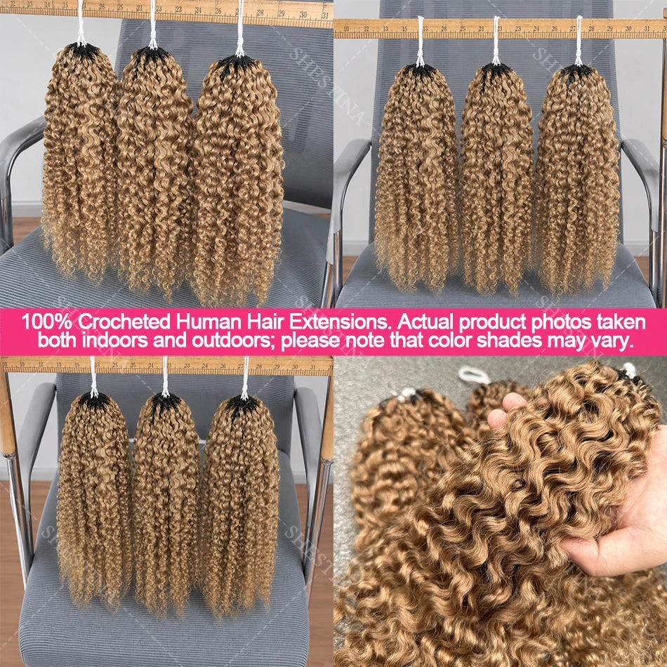 Honey Blonde Feather Crochet Human Hair Extensions Knotless Pre-Separated Pixie Curl Small Spirals Curly Crochet Hair for Boho
