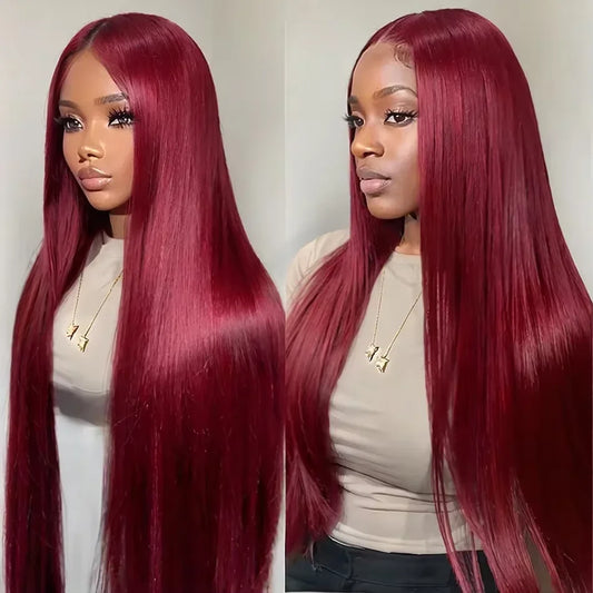 99J Burgundy  Straight Lace Front Human Hair Wigs 13x4 13x6 HD Transparent Full Lace Frontal Wig 200 Density Straight Hair Wigs