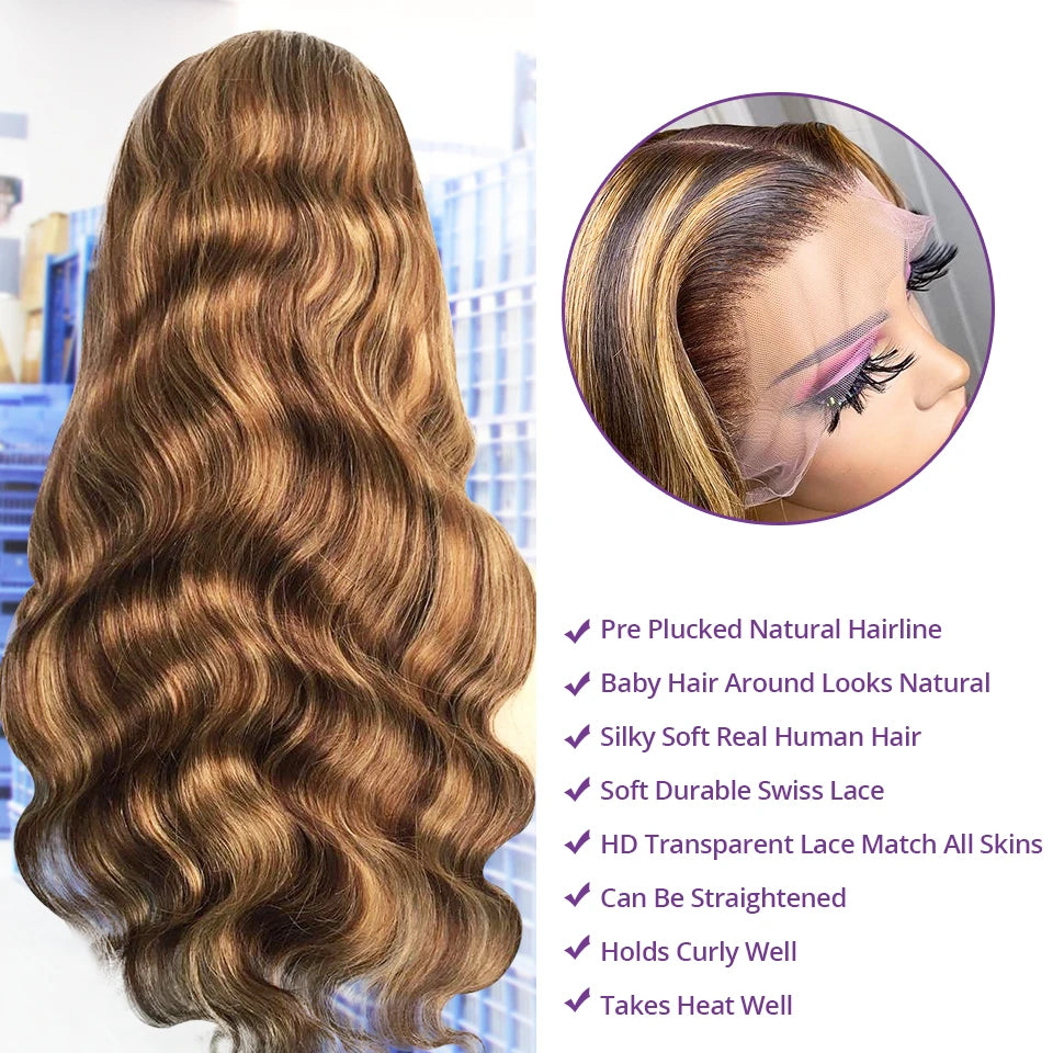 13x6 Highlight Wig Human Hair Body Wave Full HD Lace Frontal Wigs For Women Brazilian Human Hair Wig Honey Blonde Lace Front Wig