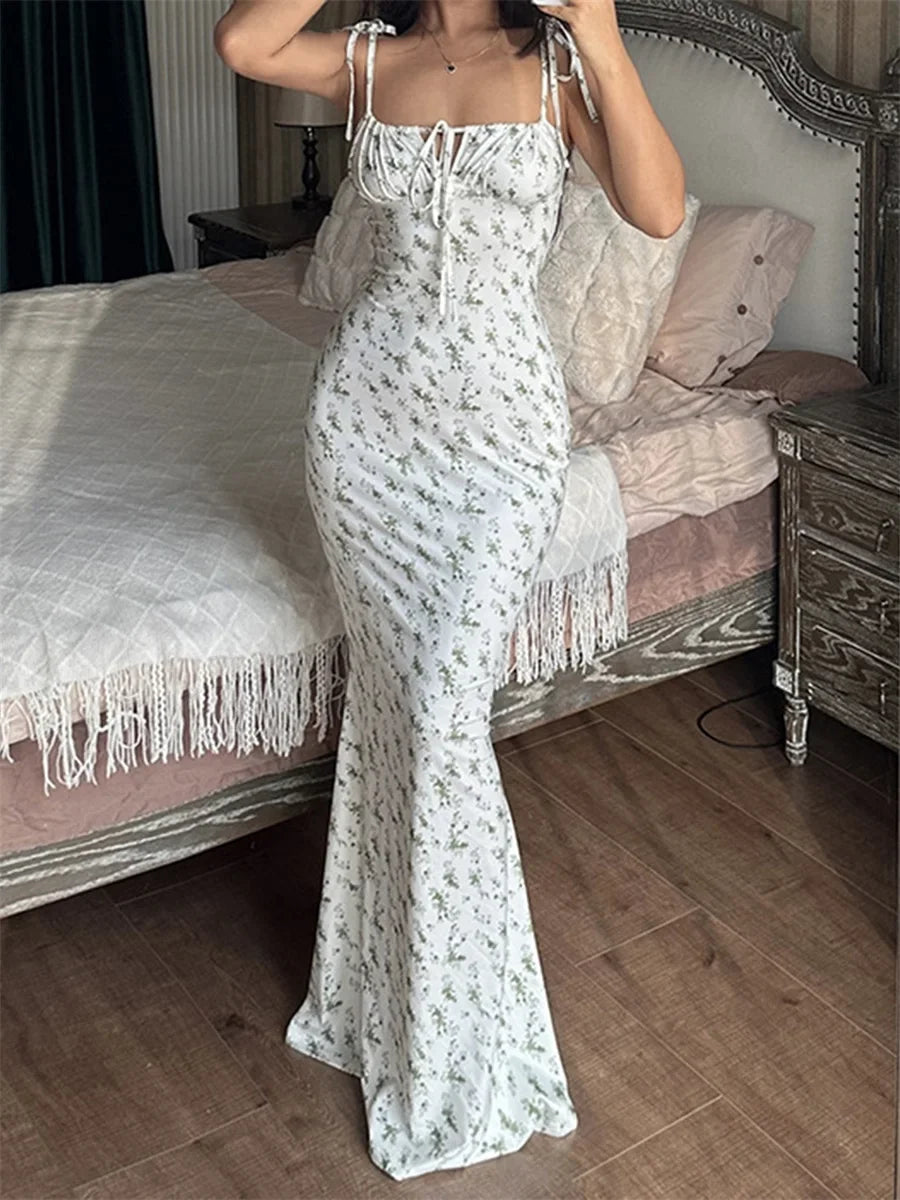 Women Spaghetti Strap Dresses Drawstring Design Floral Print Slim Fit Long Bodycon Dresses Perfect for Summer Spring Hot Sale