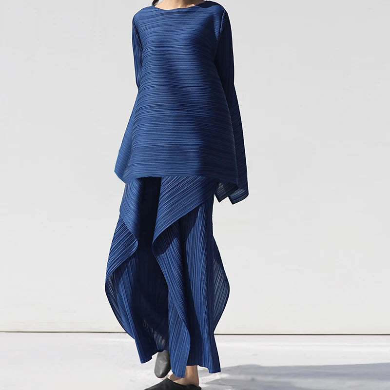 Miyake Pleated Women Two Piece Sets 2023 Summer Long Sleeve T-shirt Tops Ladies Loose Pants Original Designer Causal Clothes
